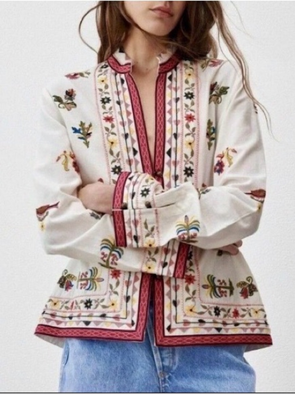 ZARA Embroidered Bird Floral Cotton Linen Jacket Ivory Boho Shacket XS Small